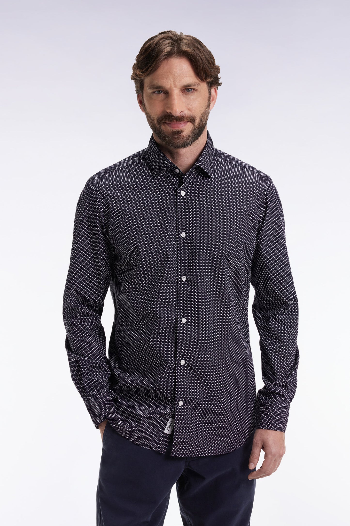 Cotton shirt with pink polka dot micropattern, slim fit