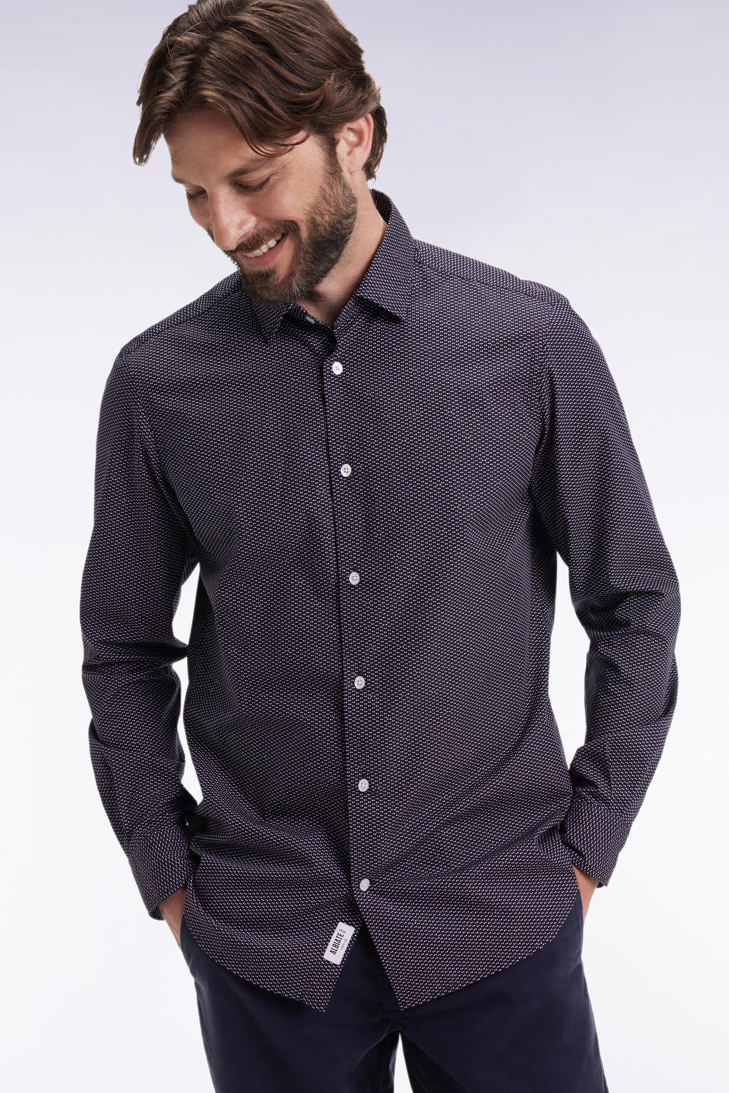 Cotton shirt with pink polka dot micropattern, slim fit