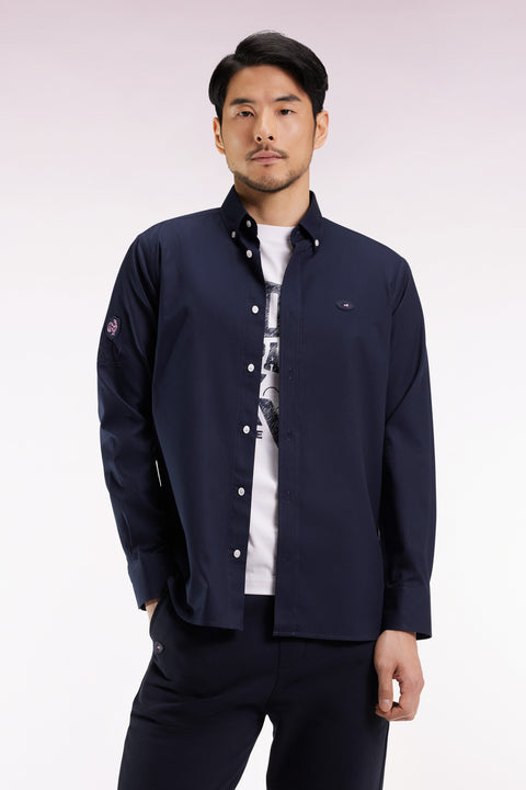 Navy cotton shirt with XV de France embroidery, straight cut - Image 3