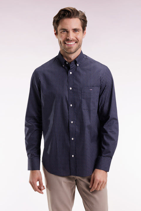 Straight-cut cotton shirt with navy micropatterns - Image 3