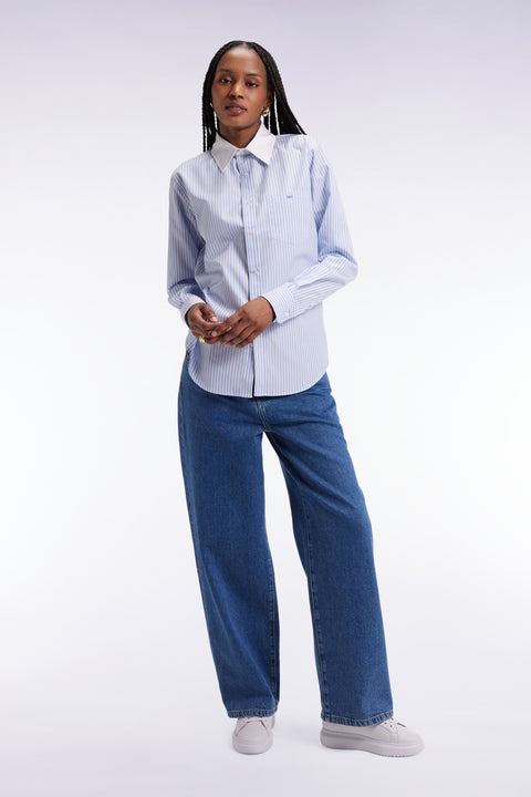 Slim-fit shirt in sky and white striped cotton poplin - Image 1