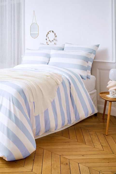 Comforter cover in white cotton percale with blue stripes - Image 1