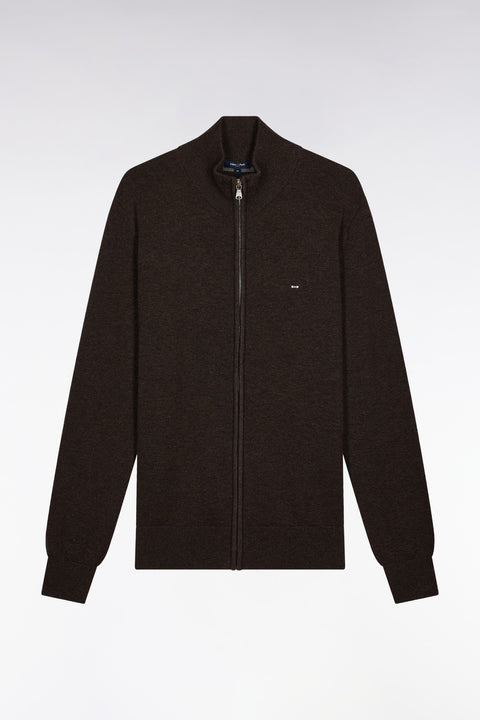 Zipped cardigan in wool and brown cotton, straight cut - Image 2