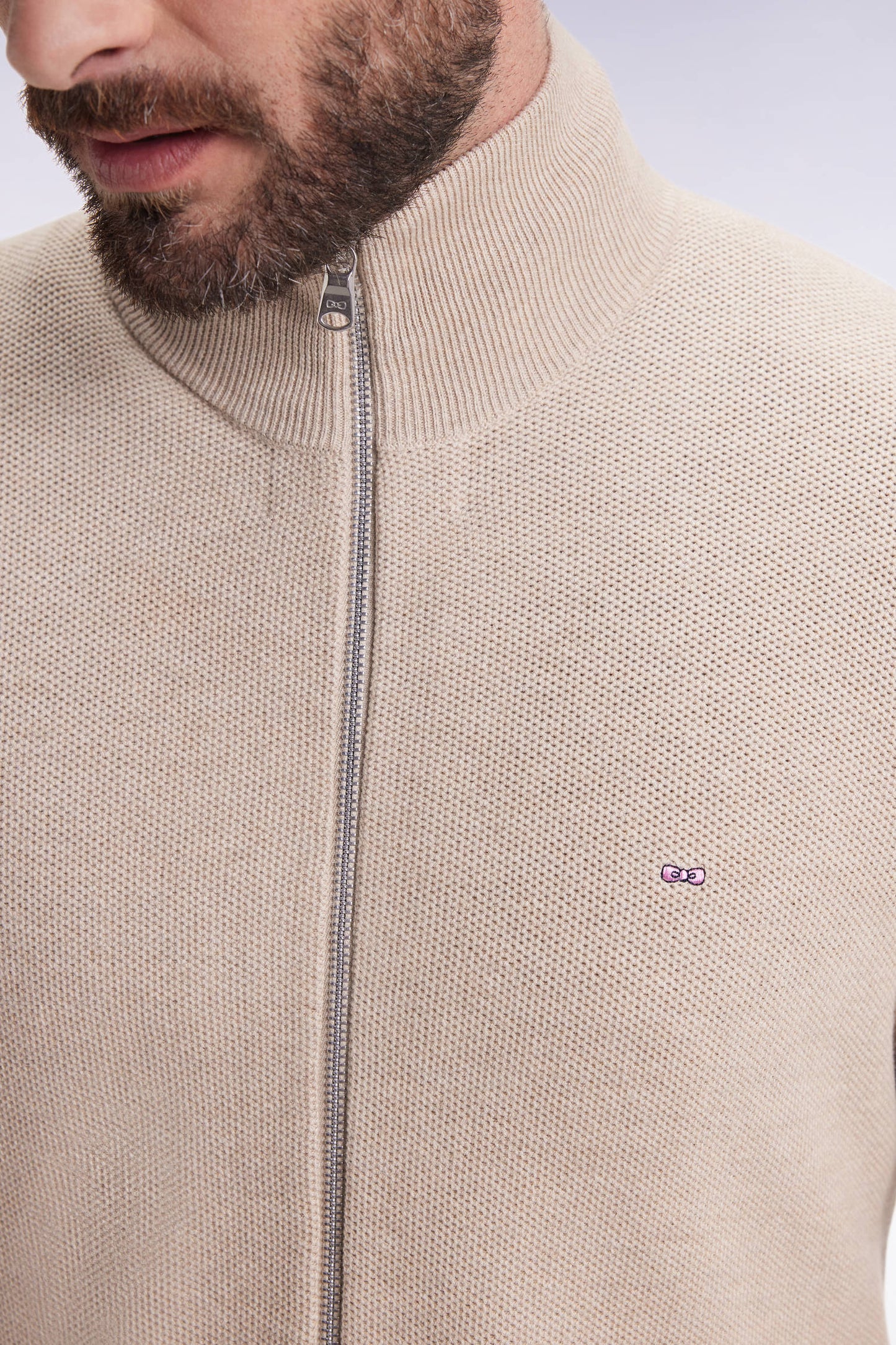 Beige honeycomb cotton cardigan, straight cut