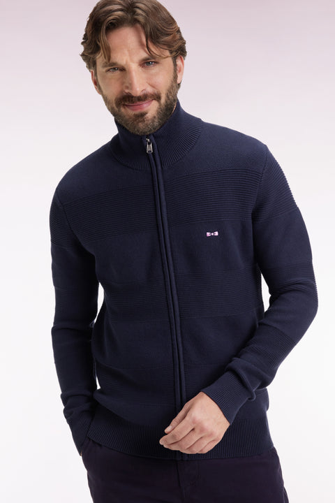 Navy honeycomb cotton zipped cardigan, straight cut - Image 1