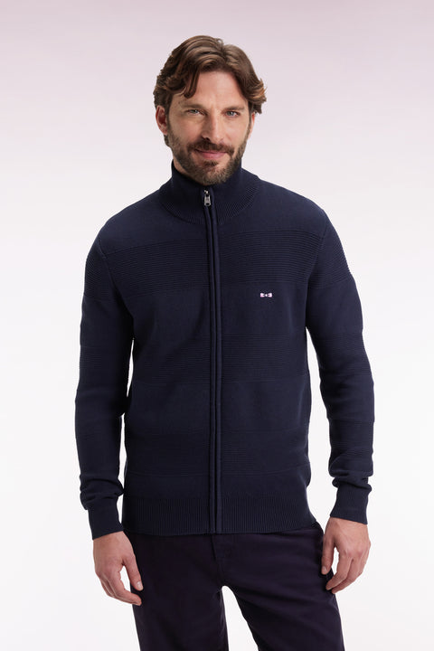 Navy honeycomb cotton zipped cardigan, straight cut - Image 3