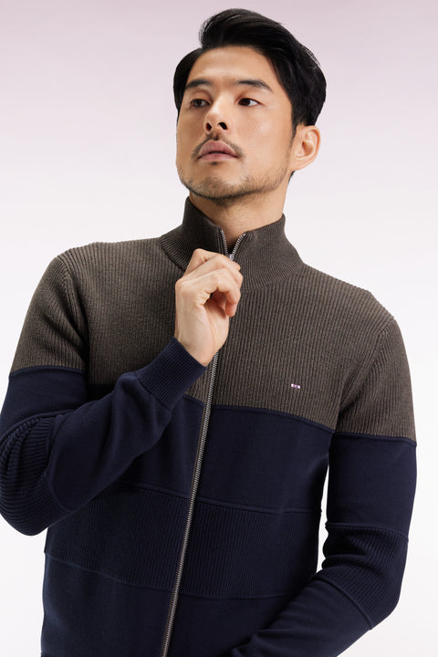 Zipped cardigan in two-tone navy and brown cotton, straight cut - Image 1