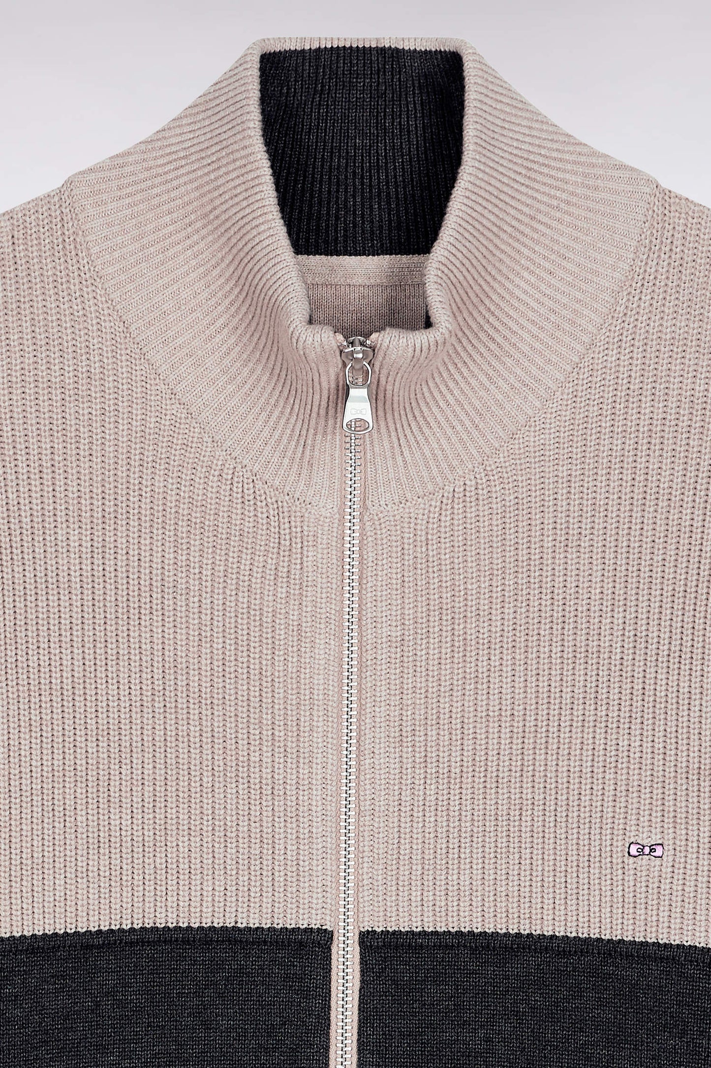 Zipped cardigan in two-tone beige and grey cotton, straight cut