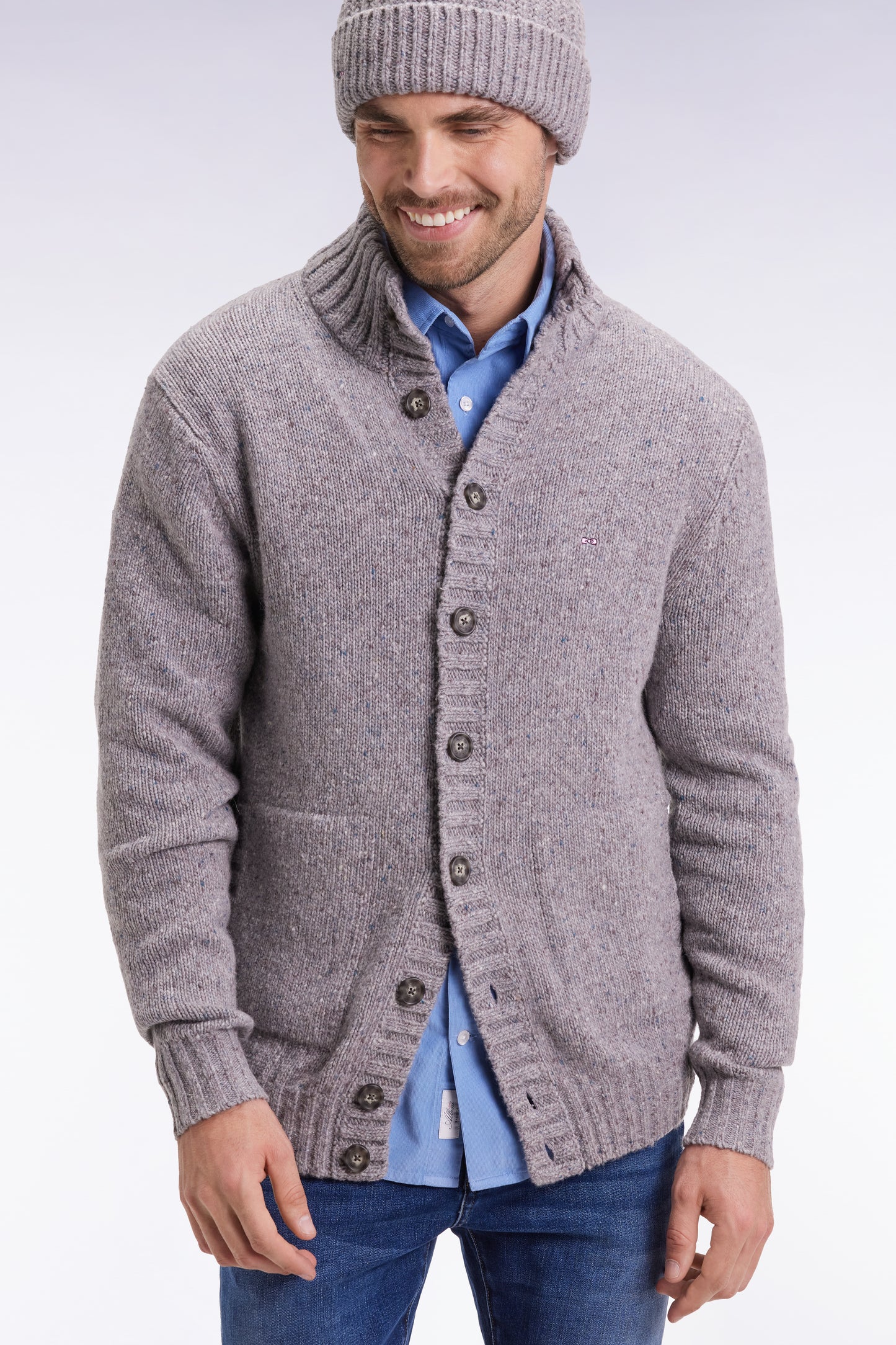 Grey cardigan in virgin wool and alpaca mix, straight cut