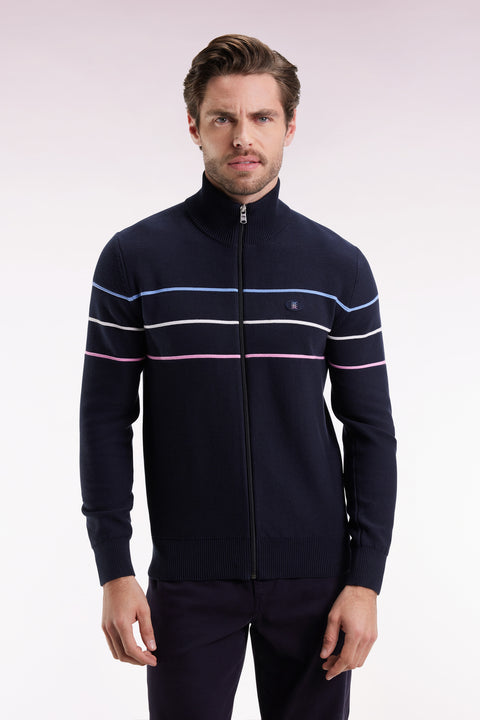 Navy cotton zipped cardigan with coloured piping, straight cut - Image 3