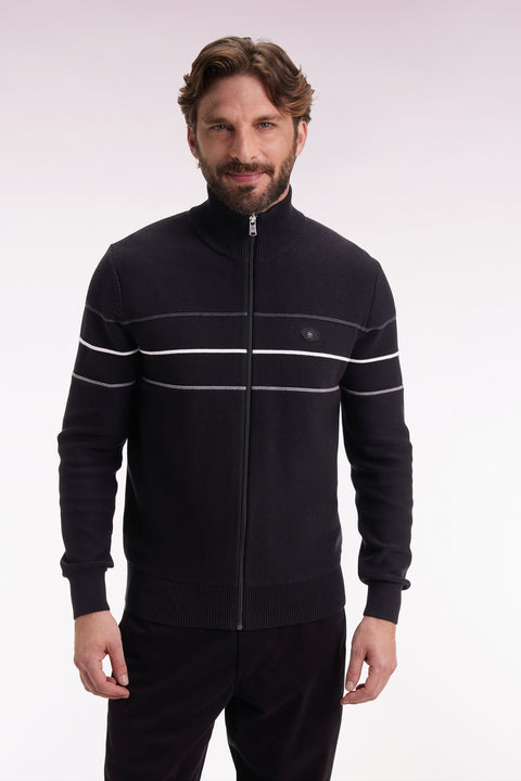 Zipped cardigan in black cotton with coloured piping, straight cut - Image 3