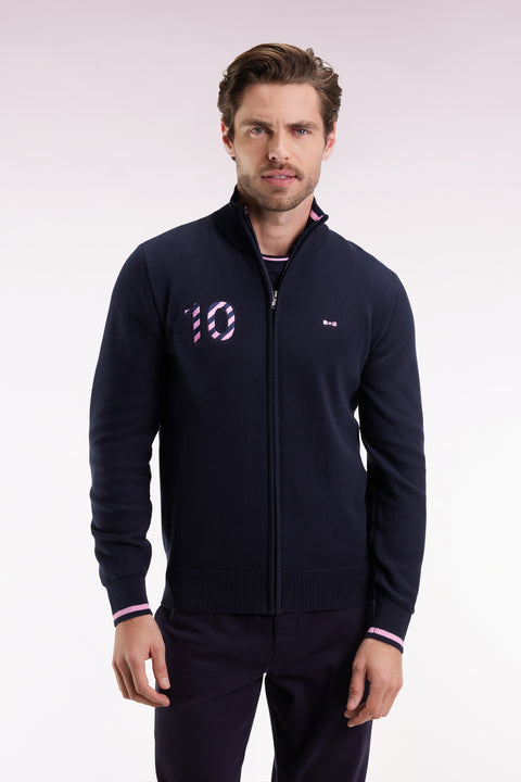 Navy cotton zipped cardigan embroidered 10 navy straight cut - Image 3