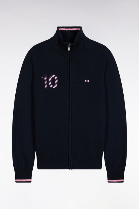 Navy cotton zipped cardigan embroidered 10 navy straight cut - Image 2