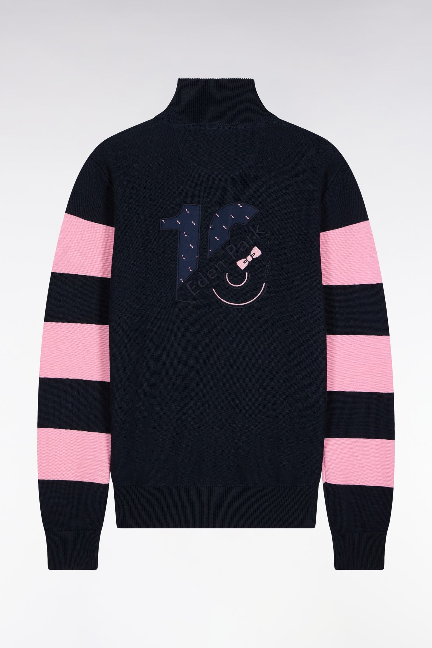 Navy cotton zipped cardigan with stripes of pink sleeves, straight cut