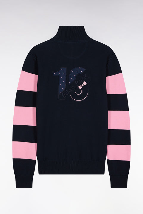 Navy cotton zipped cardigan with stripes of pink sleeves, straight cut - Image 2