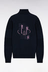 Zipped cardigan in navy cotton with pink back embroidery