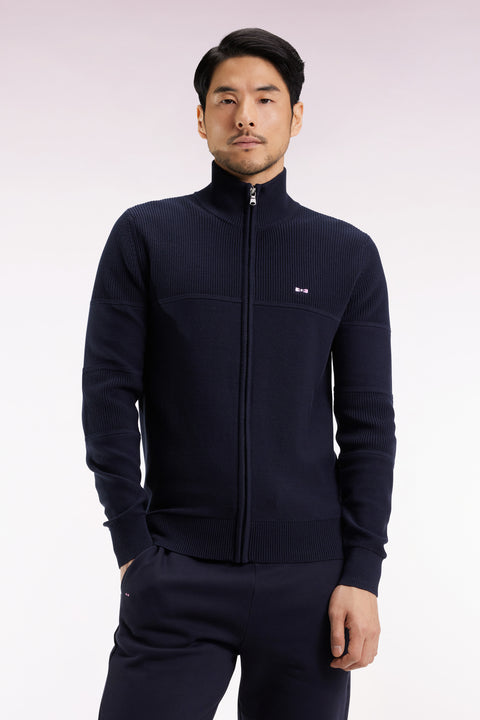 Zipped cardigan in navy cotton with sky back embroidery - Image 3