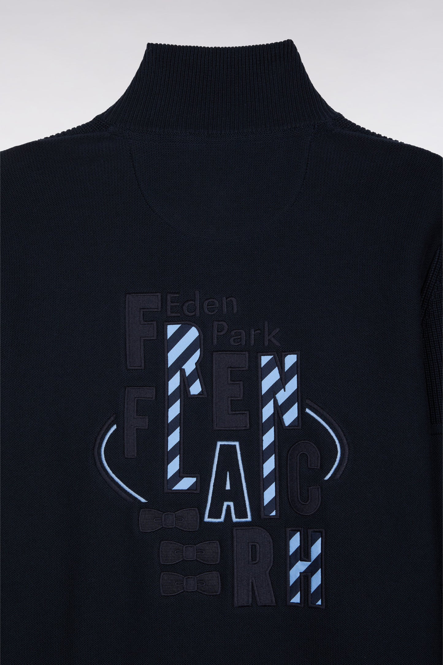 Zipped cardigan in navy cotton with sky back embroidery