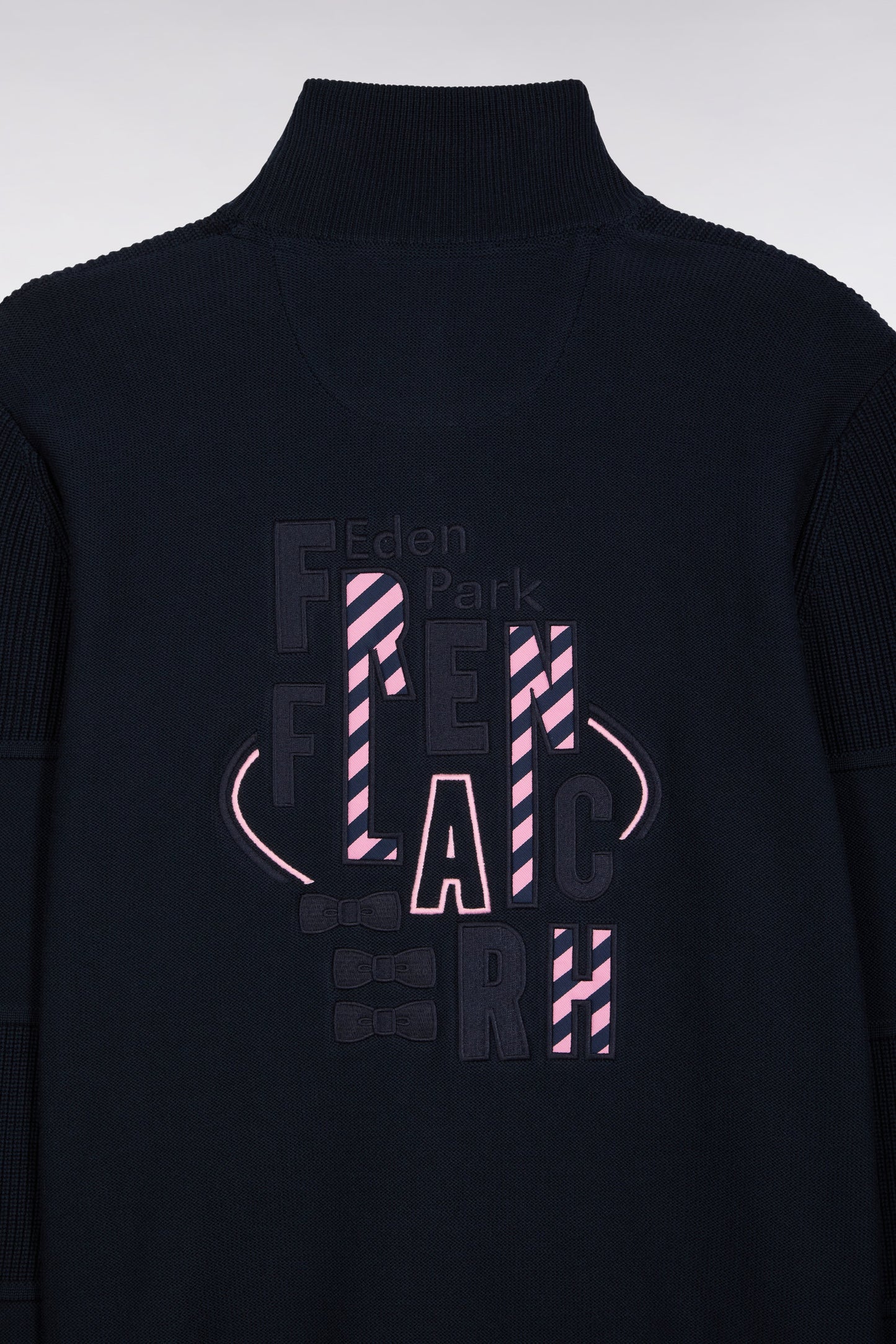 Zipped cardigan in navy cotton with pink back embroidery