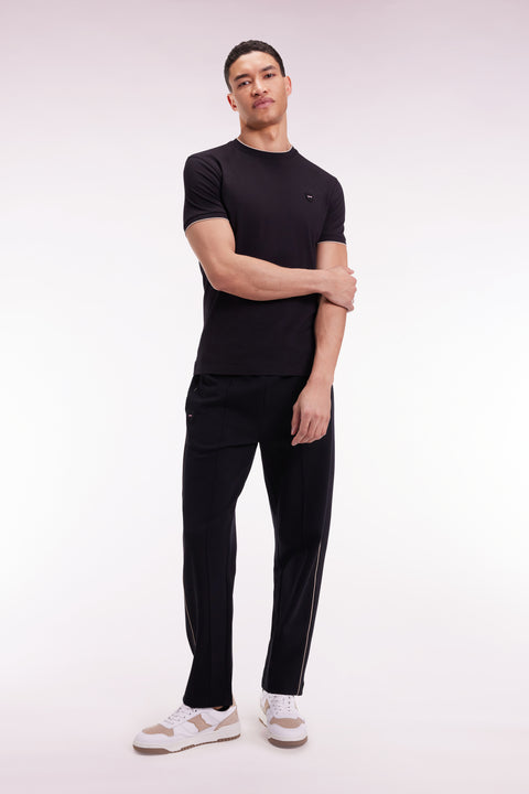 Black brushed fleece jogging suit with piping and front pleats, straight cut - Image 1