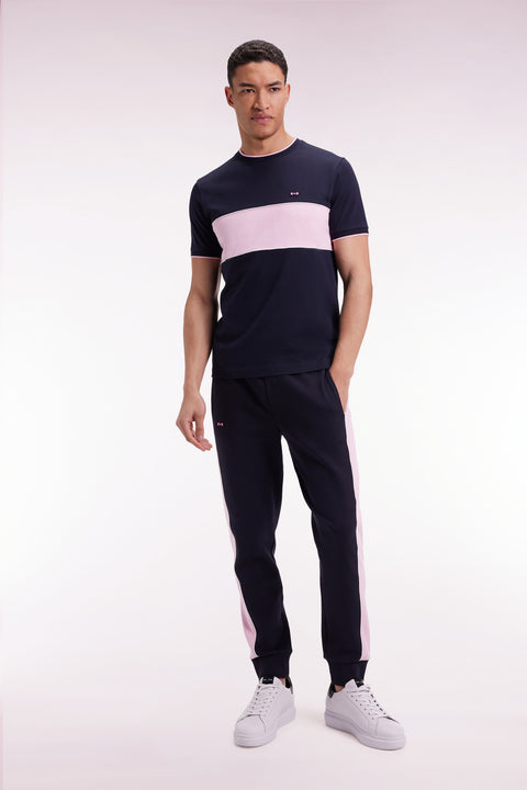 Navy brushed fleece jogging suit with pink stripes, straight cut - Image 3
