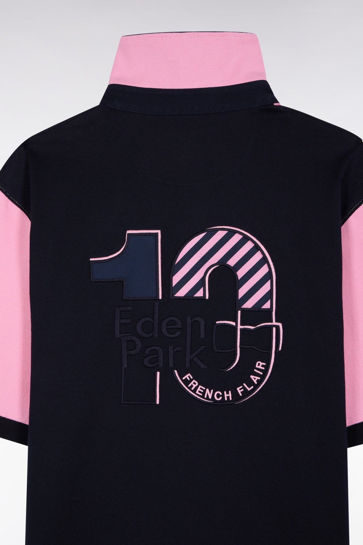 Short-sleeved jersey in two-tone navy and pink cotton