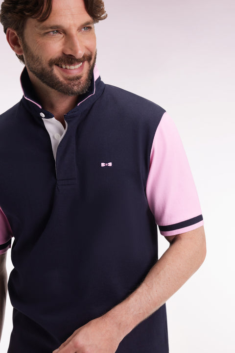 Short-sleeved jersey in navy cotton with pink sleeves - Image 1