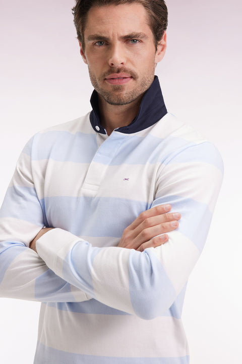 Long-sleeved jersey with sky and ecru rugby stripes - Image 1