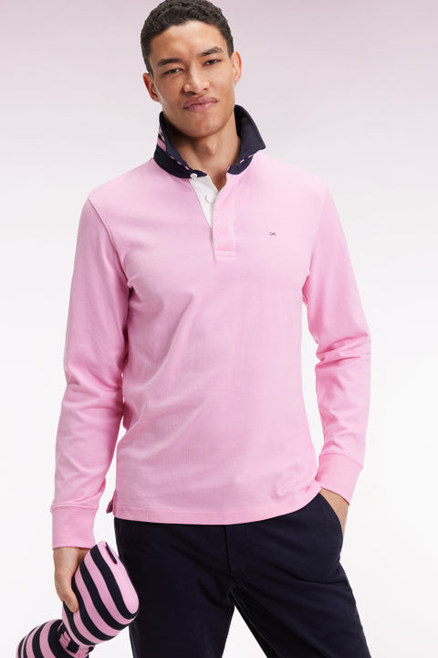 Long-sleeved jersey in pink under striped collar - Image 1