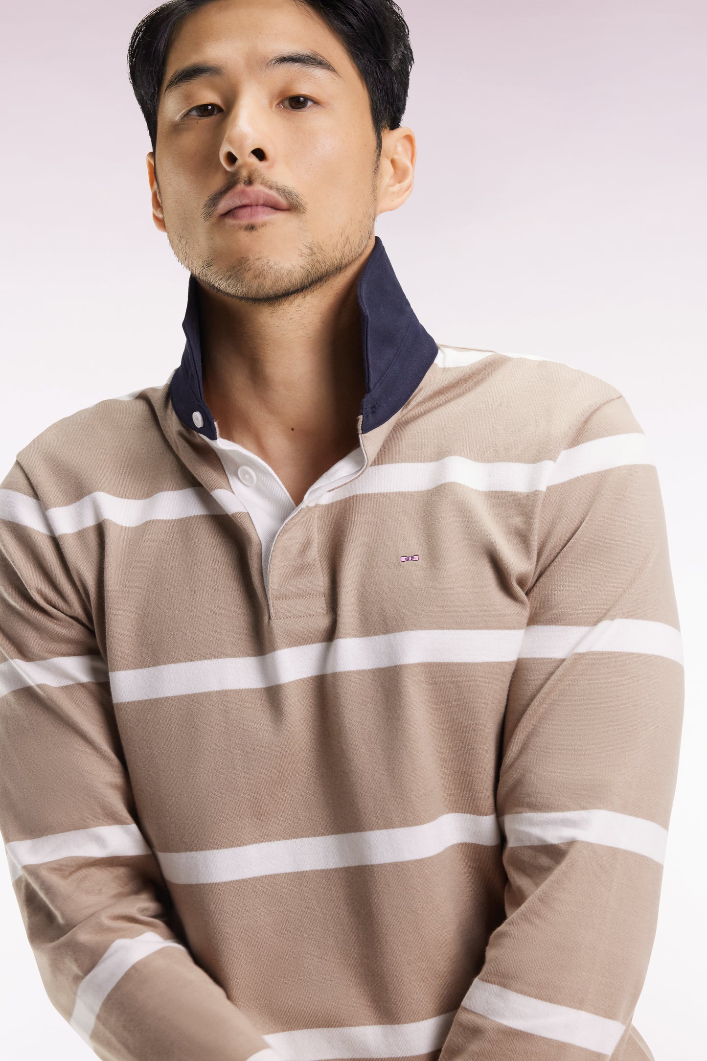 Long-sleeved jersey in beige cotton jersey with white stripes