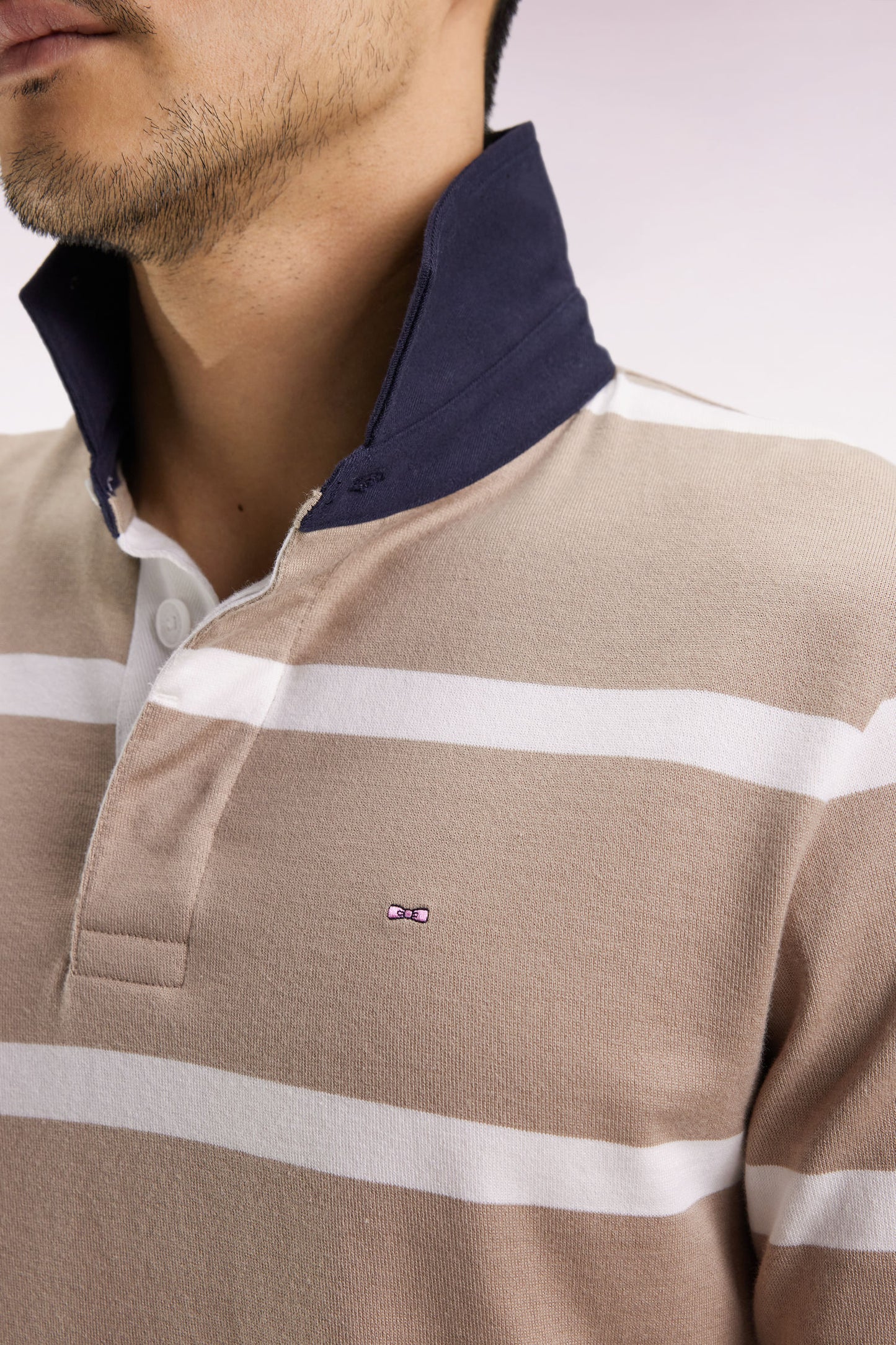 Long-sleeved jersey in beige cotton jersey with white stripes