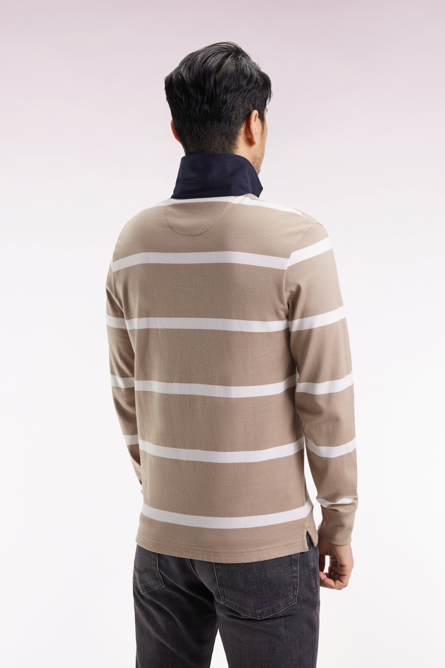 Long-sleeved jersey in beige cotton jersey with white stripes