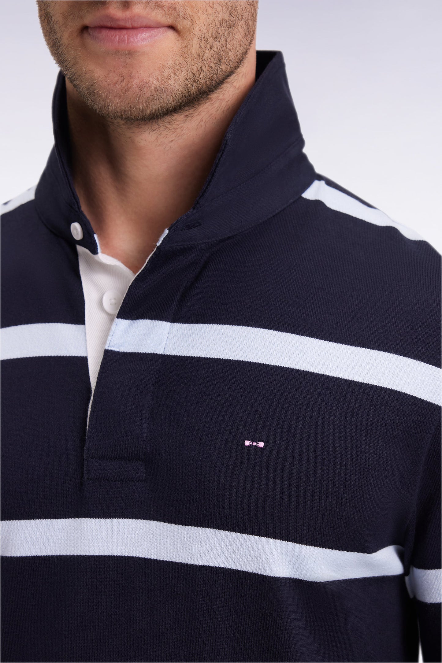 Long-sleeved jersey in navy cotton jersey with sky stripes