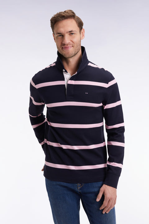 Long-sleeved jersey in navy cotton jersey with pink stripes - Image 3