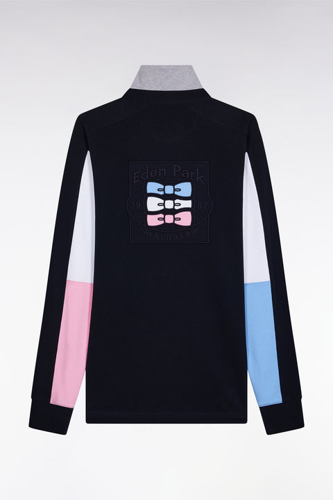 Long-sleeved jersey in thick navy cotton jersey with embroidered straight cut - Image 2