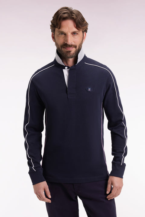 Long-sleeved shirt in thick navy cotton jersey with straight cut piping - Image 3