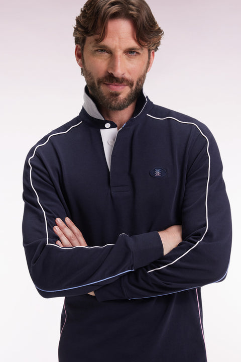 Long-sleeved shirt in thick navy cotton jersey with straight cut piping - Image 1