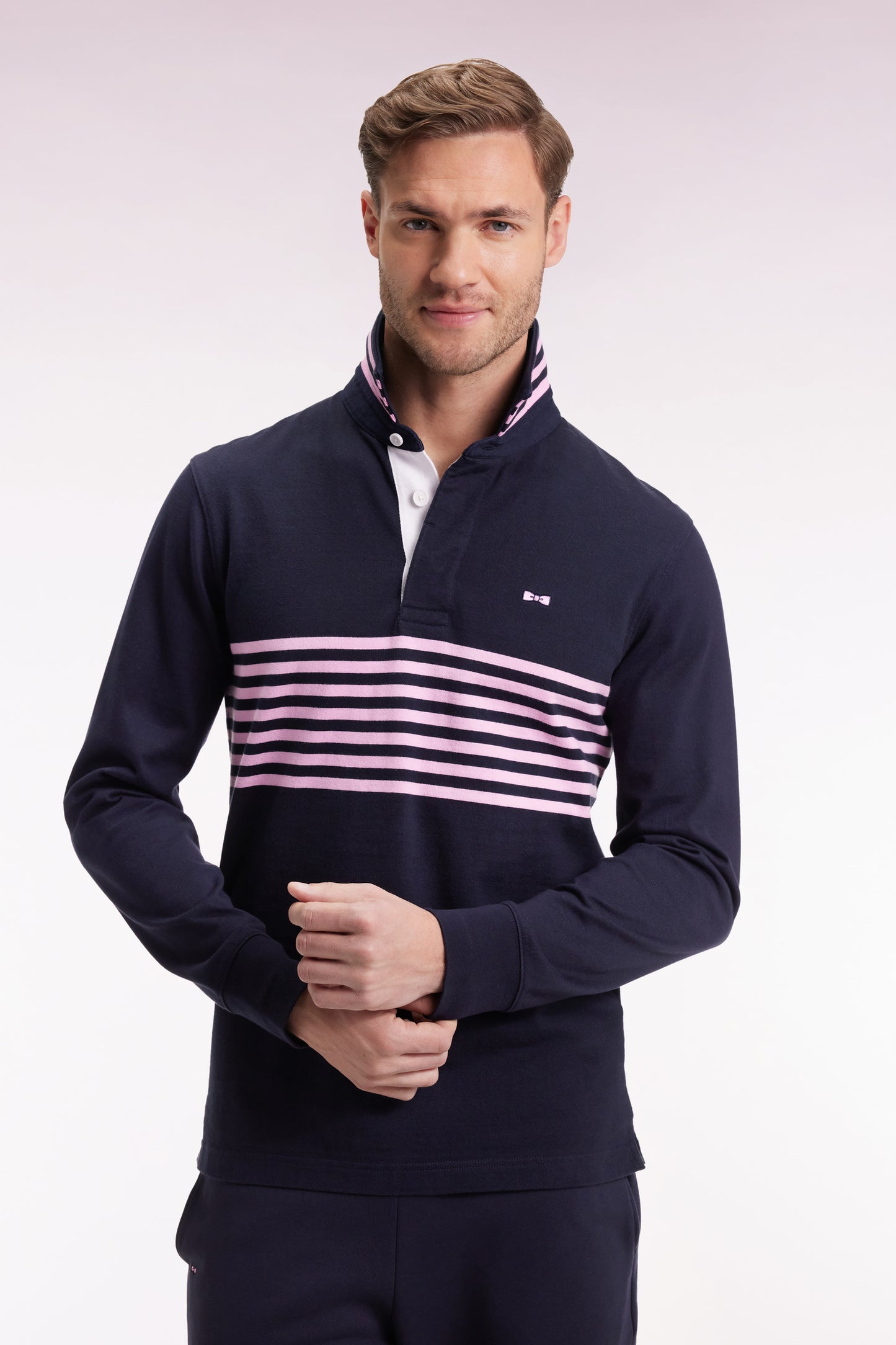 Long-sleeved jersey in thick navy striped straight cut
