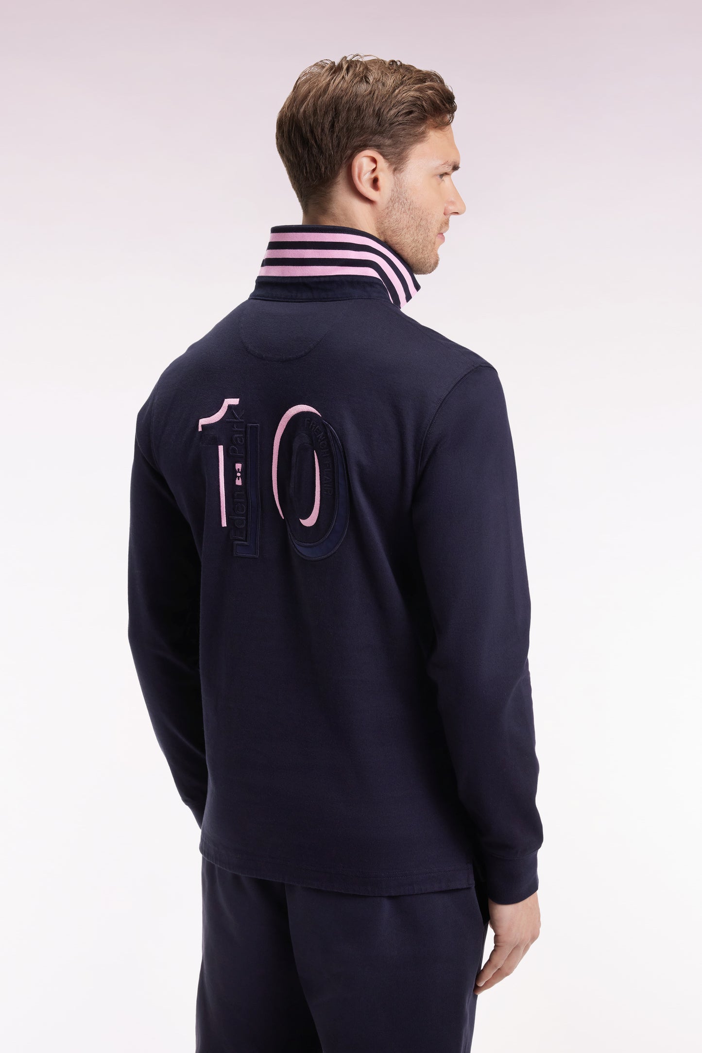 Long-sleeved jersey in thick navy striped straight cut