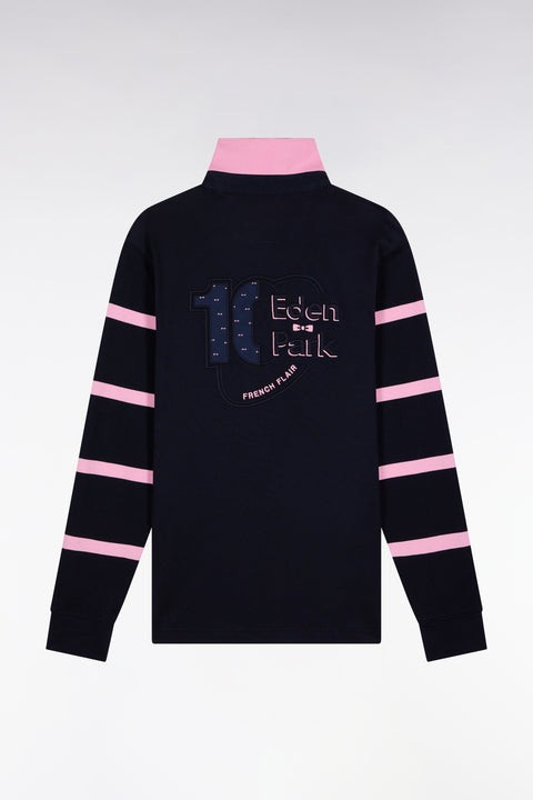 Long-sleeved jersey in thick navy jersey with striped straight-cut sleeves - Image 2