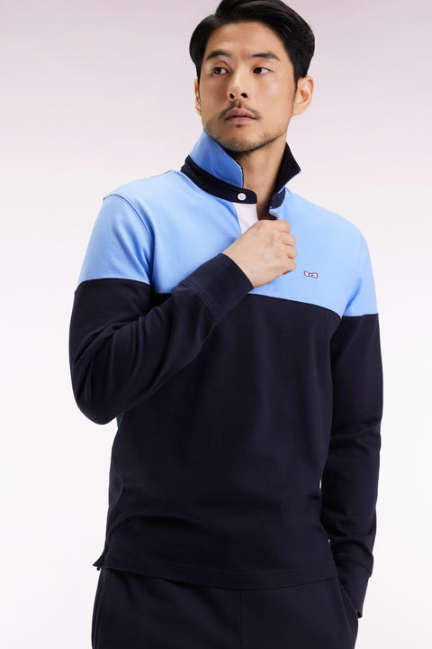 Long-sleeved jersey in two-tone navy and sky jersey, straight cut - Image 1