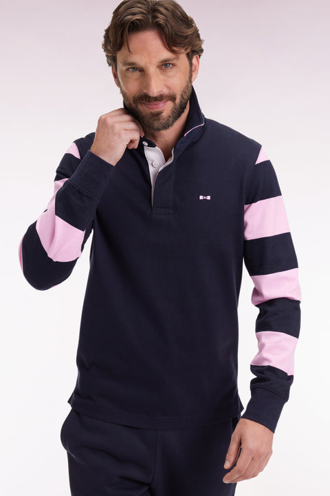 Striped navy fleece long-sleeved jersey, straight cut - Image 1