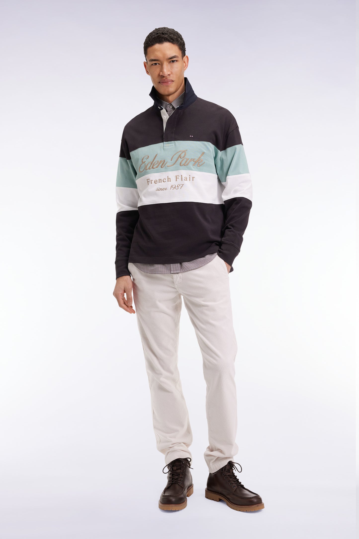 Long-sleeved jersey in thick black and green jersey with vintage embroidery