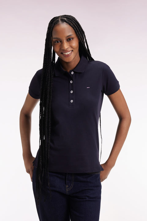 Short-sleeved polo shirt in navy stretch cotton, slim fit - Image 3