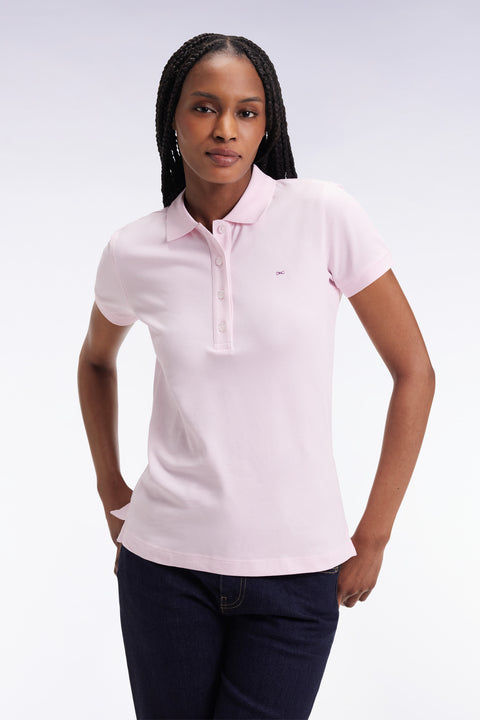 Short-sleeved polo shirt in pink stretch cotton, slim fit - Image 3