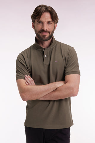 Short-sleeved polo shirt in khaki Pima cotton, straight cut