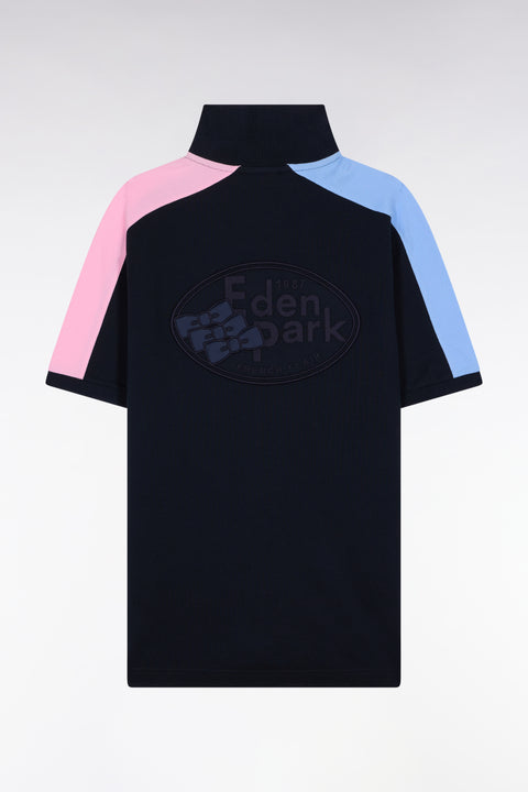 Short-sleeved polo shirt in navy cotton piqué with tricolored cut-outs - Image 2