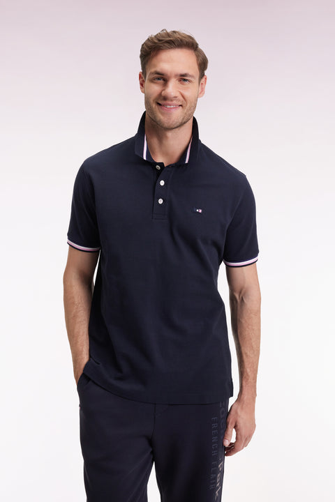 Short-sleeved polo shirt in navy cotton with striped details, loose fit - Image 3