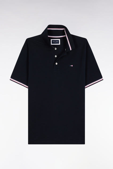 Short-sleeved polo shirt in navy cotton with striped details, loose fit - Image 2