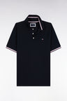 Short-sleeved polo shirt in navy cotton with striped details, loose fit